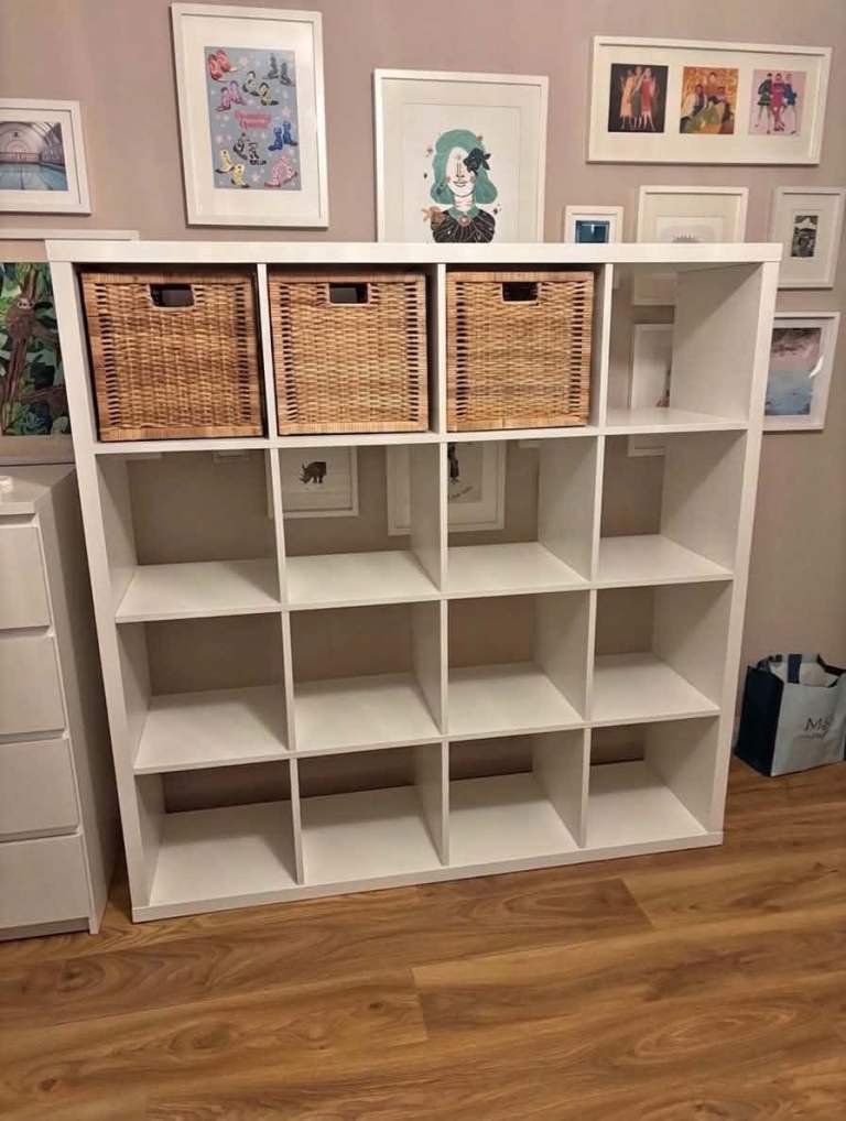 IKEA 4x4 Kallax shelf with 3 baskets