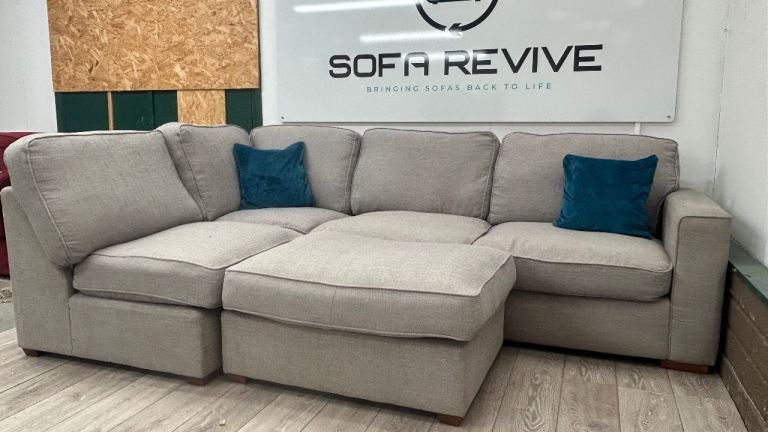 Large grey FURNITURE VILLAGE corner sofa with matching pouffe DELIVERY AVAILABLE