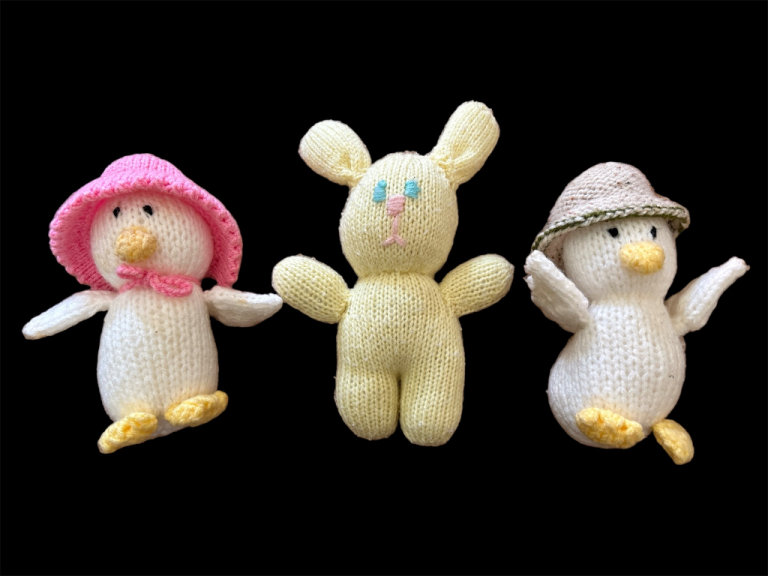 x3 Knitted Handmade x2 Ducks & a Rabbit Toy Comforter Soother 9”