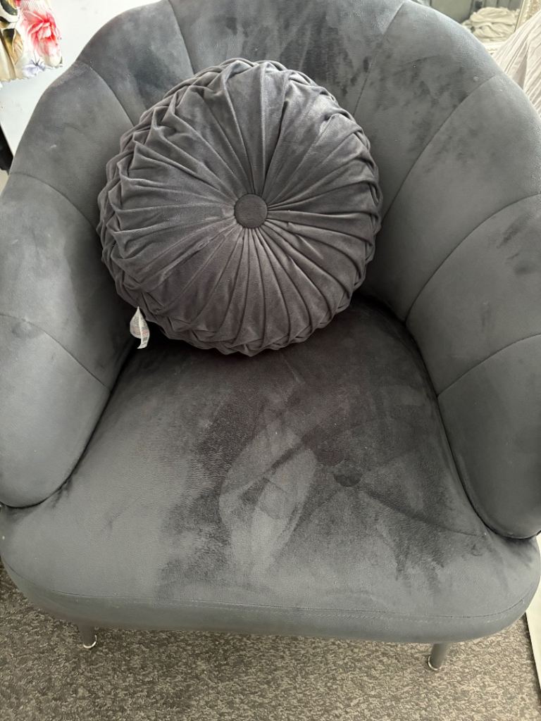Grey Velvet Scalloped Armchair – excellent Condition