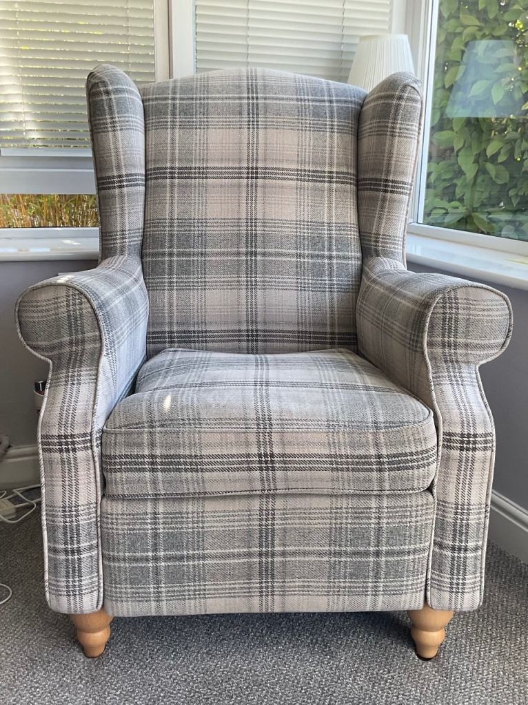 Versatile Check Nevis Grey Sherlock Highback Armchair with manual recliner by Next