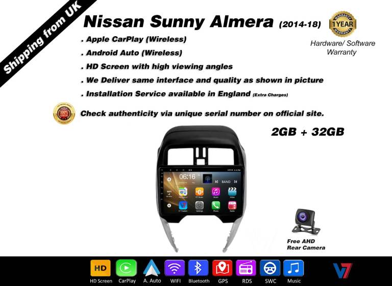 Nissan Sunny Almera 2014-18 CARPLAY Android Auto HD Screen Head Unit GPS Stereo LCD Panel V7