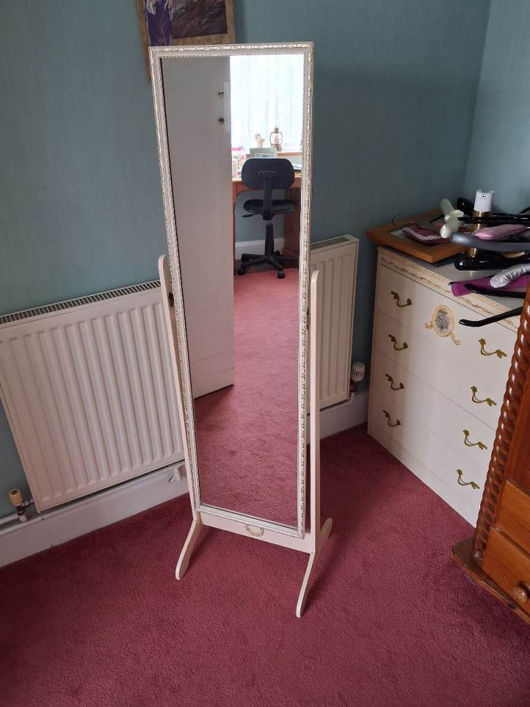 White Full-Length Cheval Mirror with Gold Detail