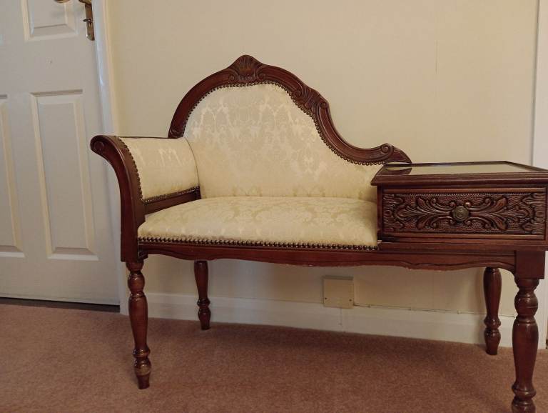 Vintage Carved Wooden Telephone Seat with Side Table/Drawer