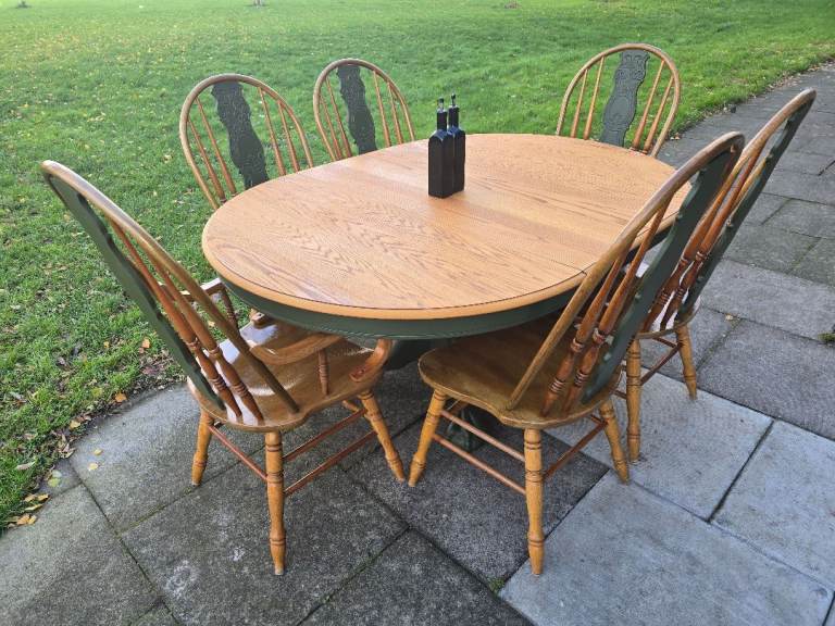REFURBISHED Extending Oval Dining Table + 6 Chairs Forest Green Farmhouse - LOCAL DELIVERY