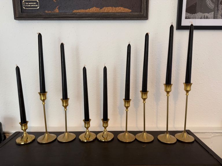 New Black 10-inch Taper Candles, 9 Gold Candlesticks & Accessories