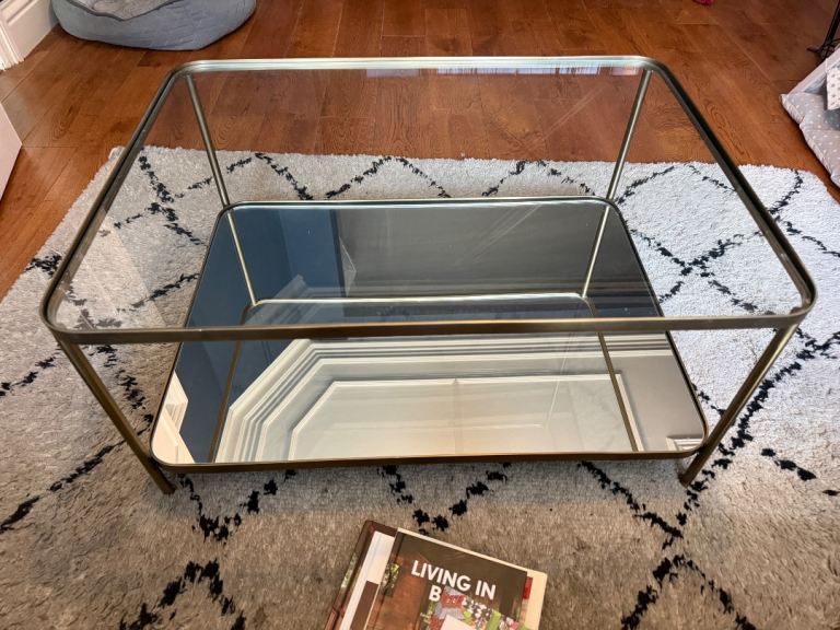 Loaf Coffee Table Glass Mirror Gold/Brass Metal Frame Home Decor