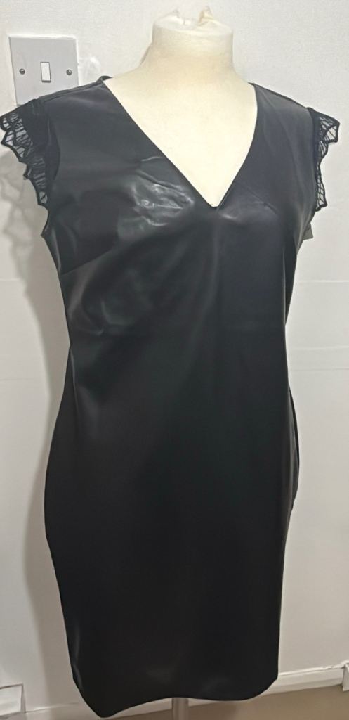 Unika Paris BNWT Black Faux Leather Dress Lace Up Back Party Night Out Size L