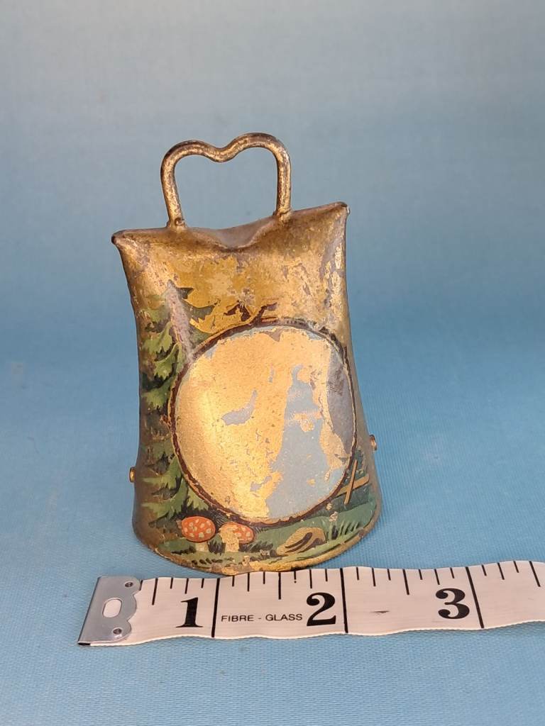 Vintage, Antique Brass Cow Bell Forest Scene Mushrooms Folk Art Rustic. AS SEEN