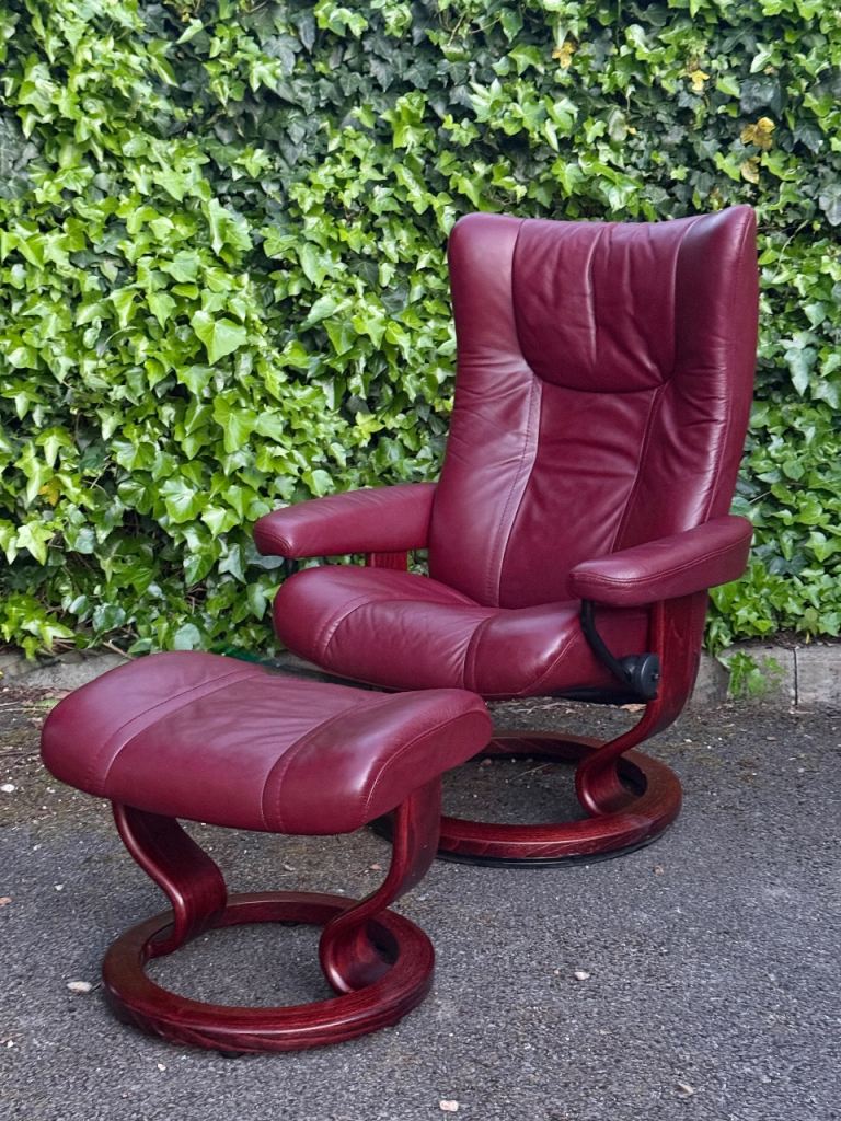 MUST GO TODAY- Ekornes Stressless Wing Recliner & Ottoman – Medium Burgundy Leather