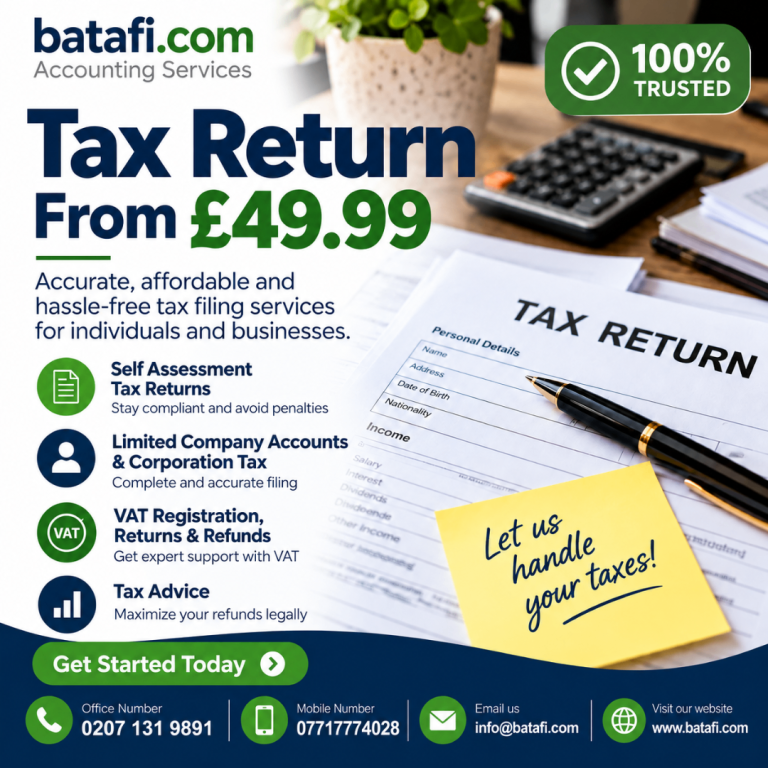 Accountant: Tax Returns £49.99, VAT £19.99, Limited Company Accounts £74.99, Payroll & CIS