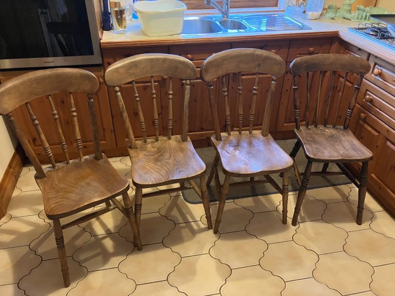 Four vintage Victorian rustic elm fruitwood chairs 