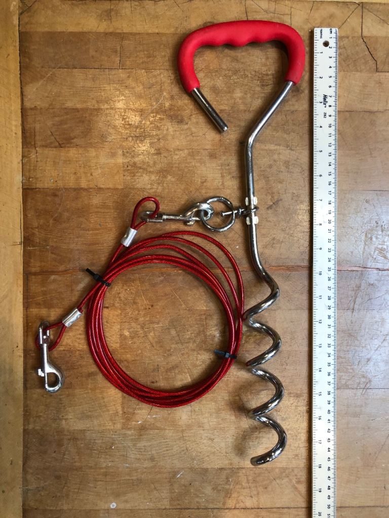 Dog tether for garden or camping.