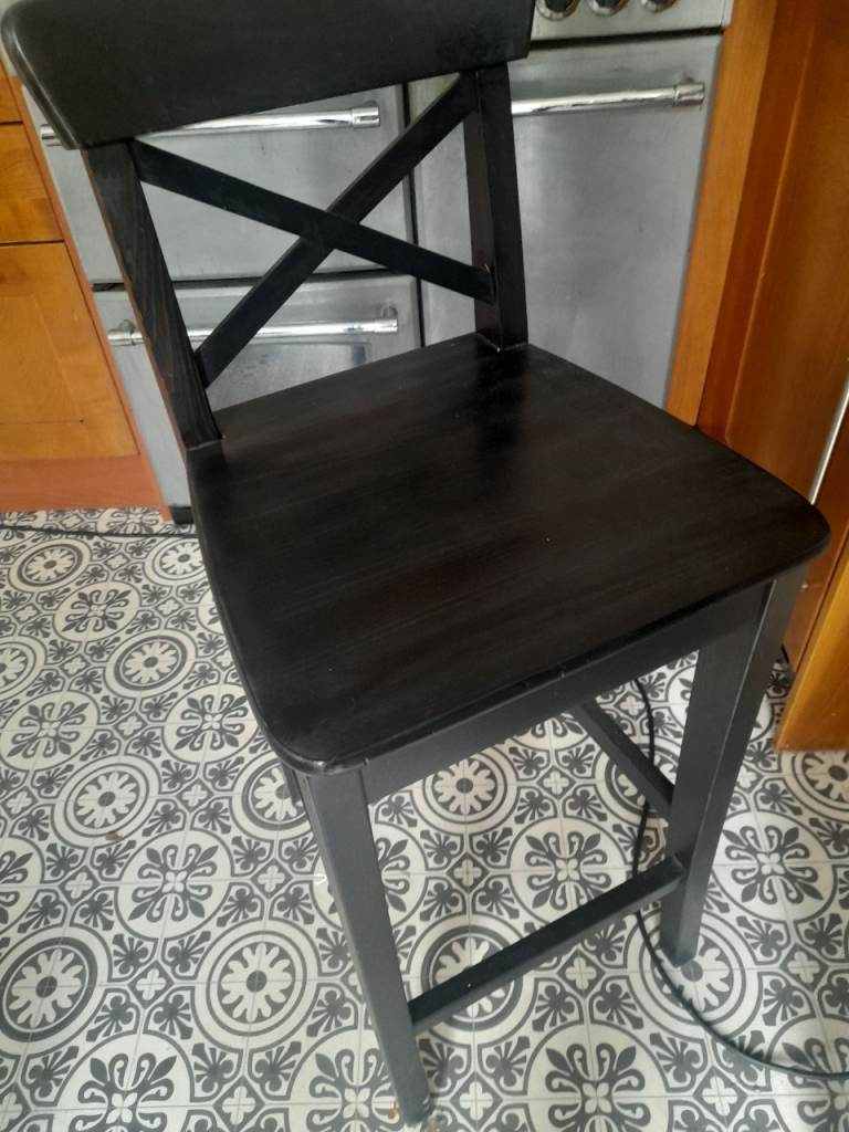 3 Black Wooden Bar Stools with Backrest – Good Condition