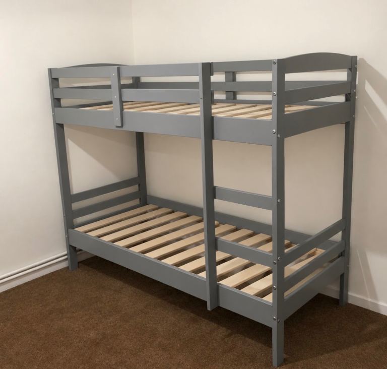  Grey Single Bunk Bed – Solid Wood Frame