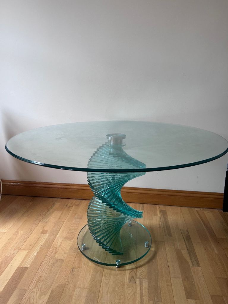 Round Glass Dining Table with Spiral Base - 1980s Vintage Danny Lane Style