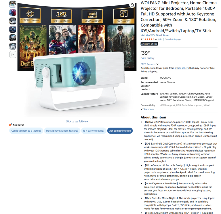 Wolfang Mini Projector - Brand New/Boxed - Half Price