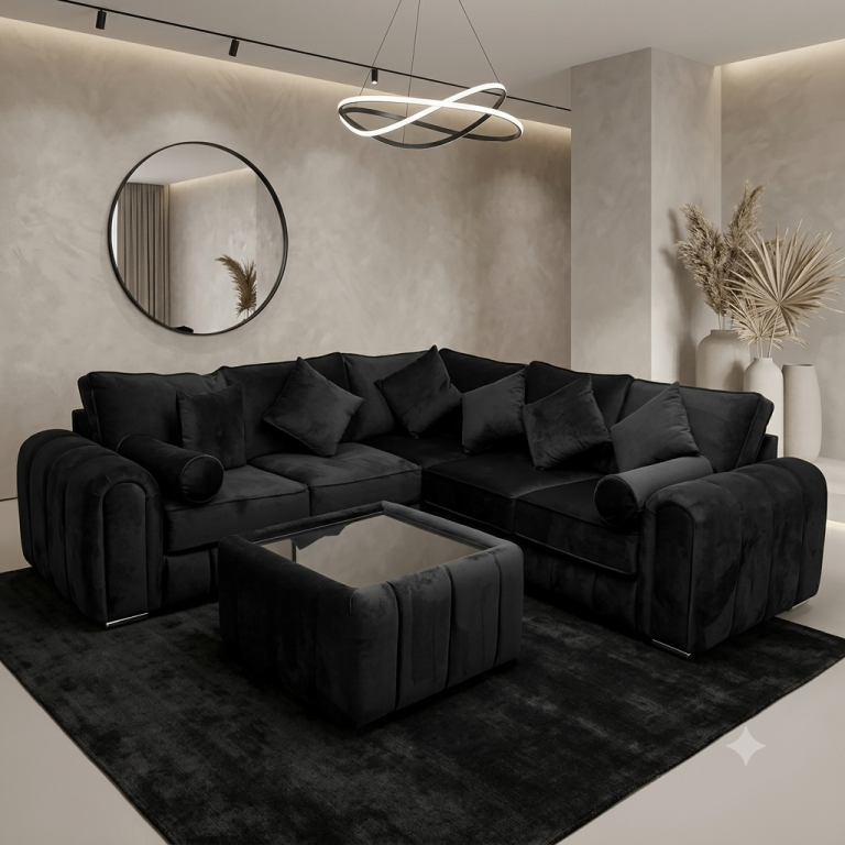 Brand New Lilly Black Velvet Corner Sofa | 3 Seater & 2 Seater Set | Fast UK Delivery