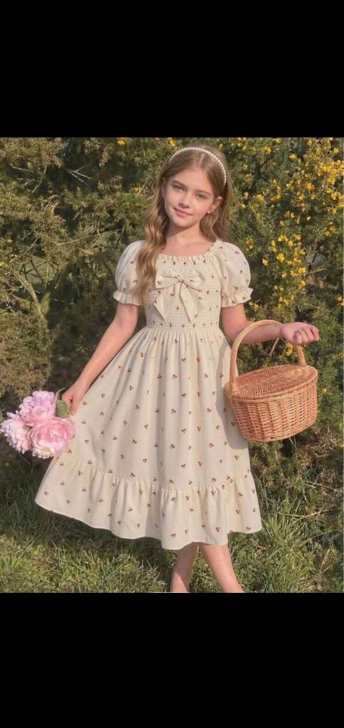 Girls Flowery Summer Dress – White, Excellent Condition