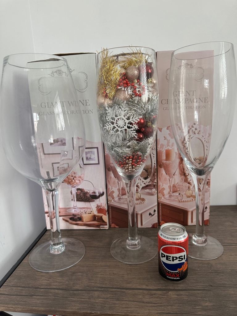 3 x GIANT WINE/ CHAMPAGNE GLASSES