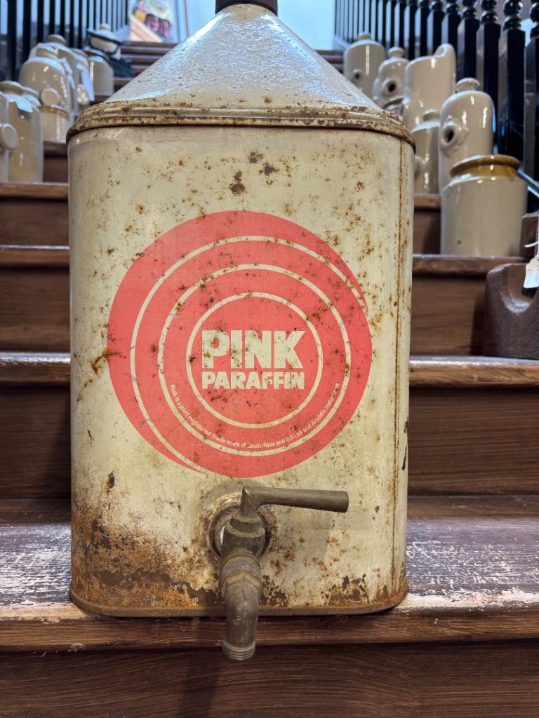 Pink Paraffin Fuel Can Pyramid Shape Top With Original Cap & Tap in Usable Condition 