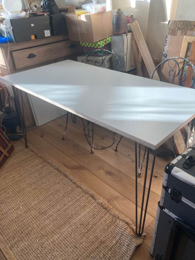 Dining / kitchen table or desk, plywood, white-topped, hairpin legs, seats up to 8
