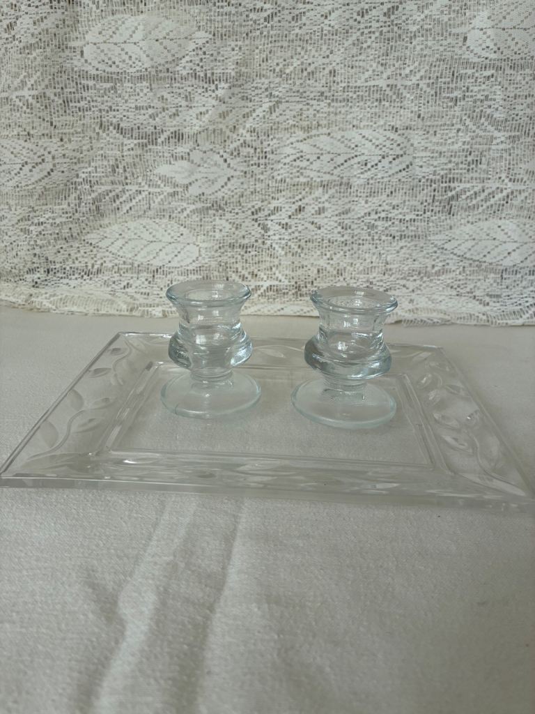 Rectangular Decorated Glass Tray With A Pair Of Glass Candle Holders