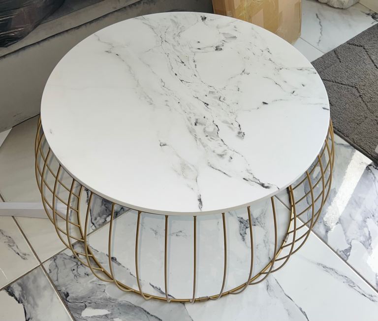 Round White Marble Effect Coffee Table with Gold Metal Base