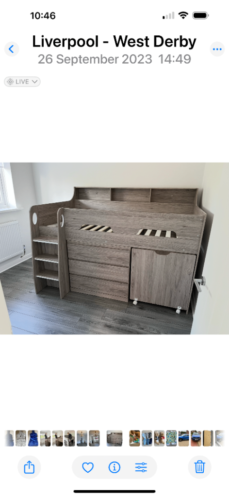 image for grey high sleeper with pull out desk drawers shelves