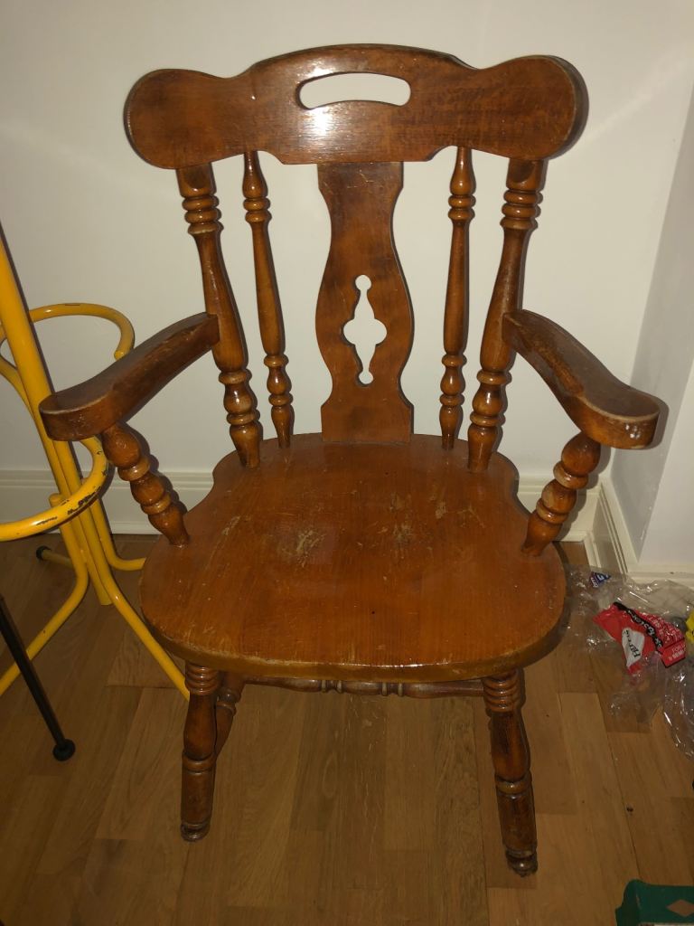Wooden Spindle Back Armchair – Brown, Fair Condition