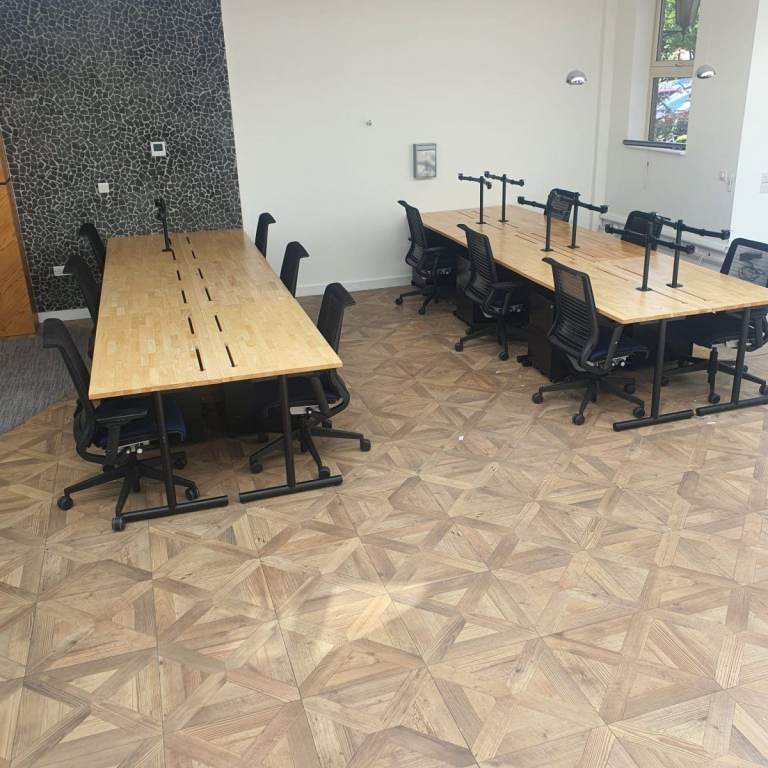 Modular Bench Desking, Solid Oak / Black Metal, Portholes, W1220mm 