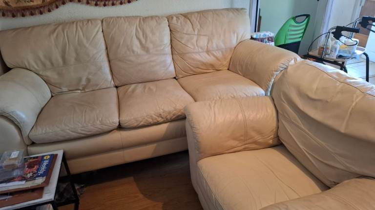 Free cream leather sofa, collection only !!