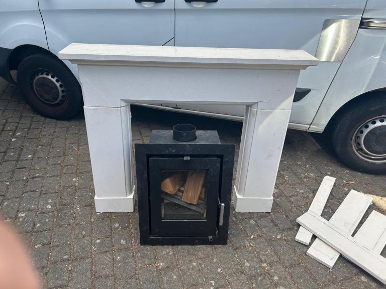 White Fire Surround with Wood Burner Insert – Good Condition
