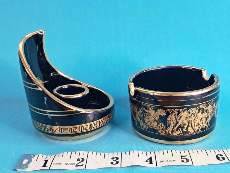 Vintage Dark Blue & Gold Greek Key Ashtray and Candle Holder Set.