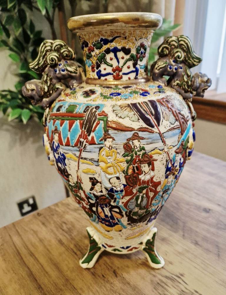Colourful Vintage Japanese Satsuma vase with foo dog handles.