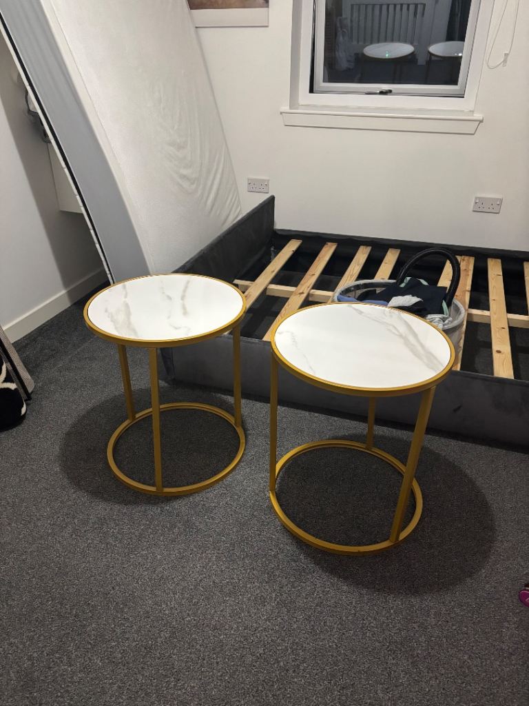 Pair of White Marble Effect Gold Bedside Tables