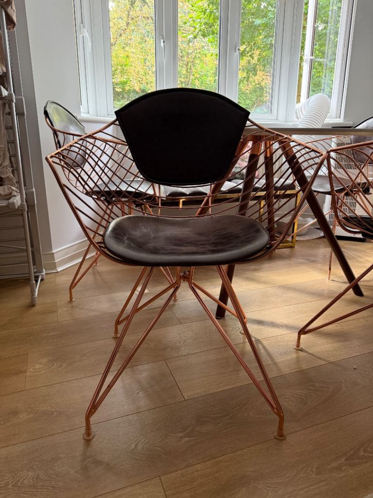 Stylish Copper Wire Dining Chairs with Brown Cushions – Good Condition