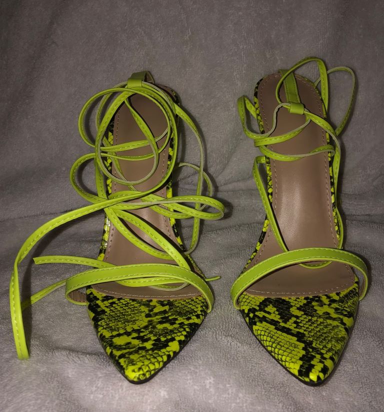 Neon green snake strap heels 