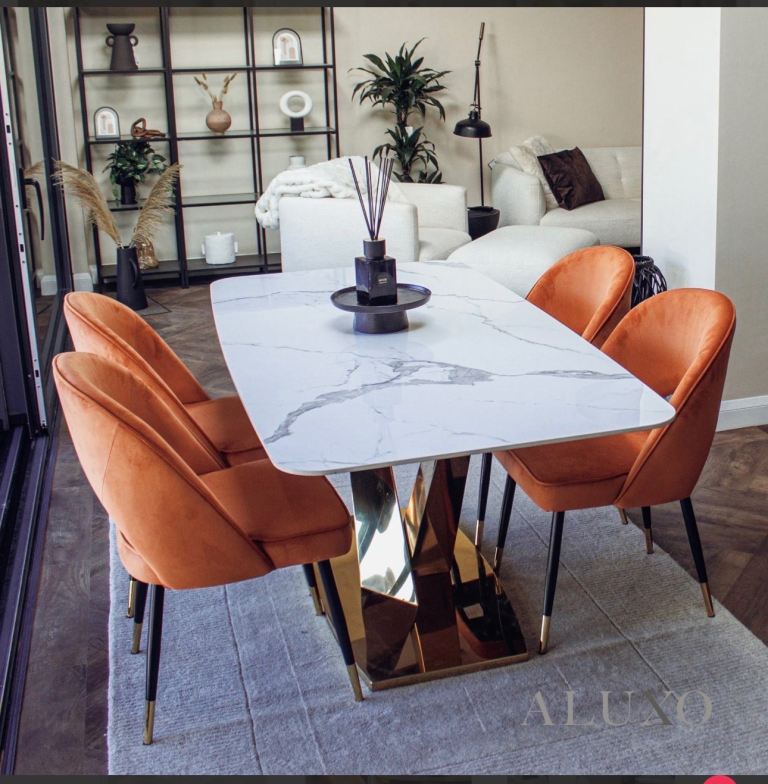 Set of 6 Burnt Orange Velvet Dining Chairs – Gold-Tipped Legs | Modern Luxe Style