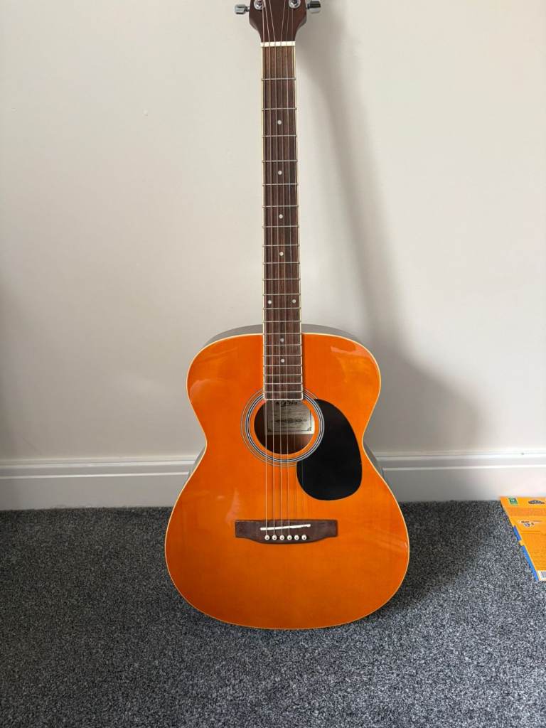 Acoustic Guitar with Clamp, Pic, and Case – Good Condition
