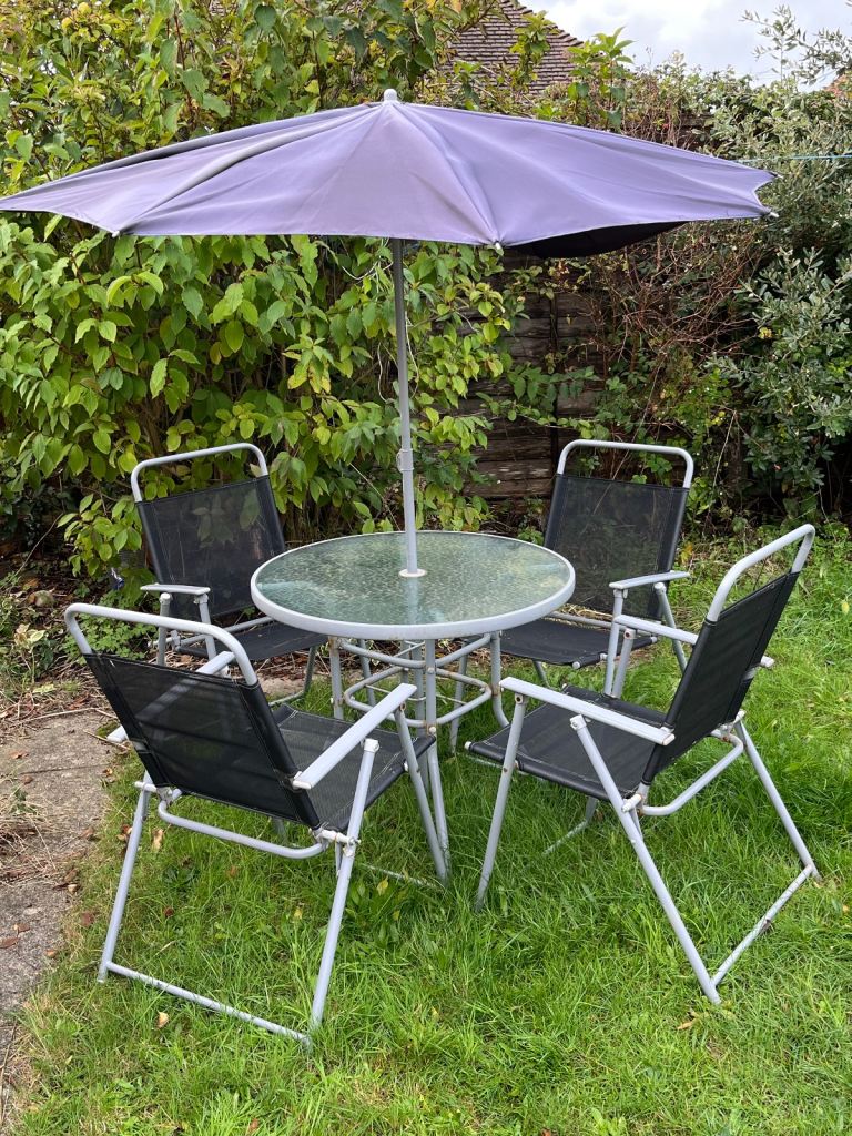SOLD Garden table, chair umbrella set