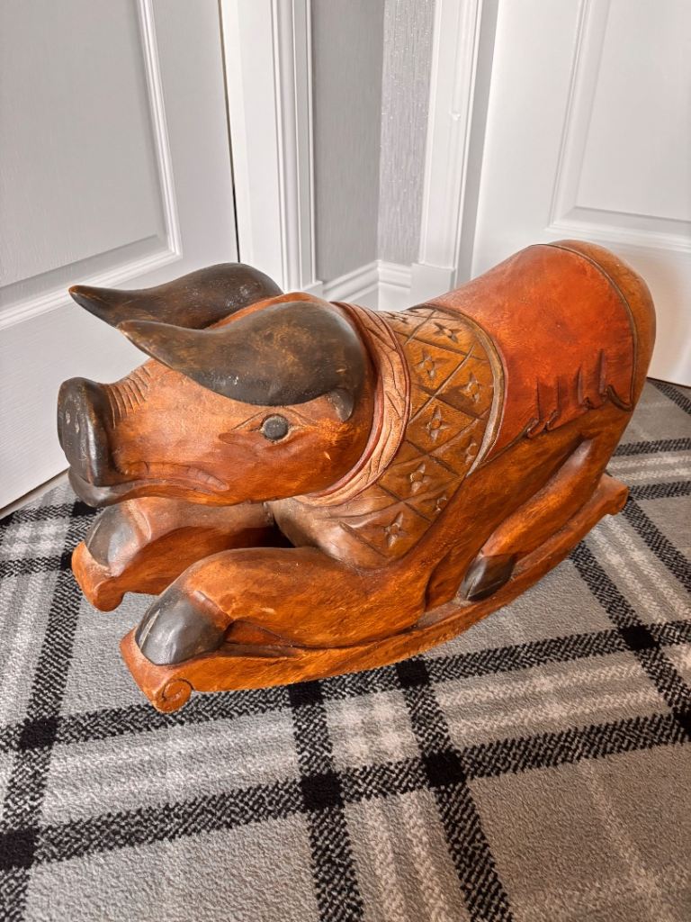 Vintage Carved Wooden Rocking Pig 