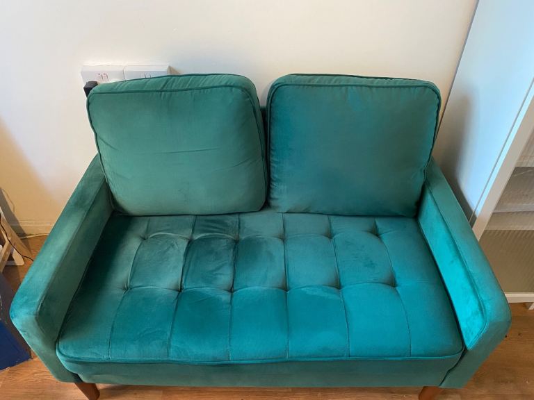 Green velvet two seater compact sofa 