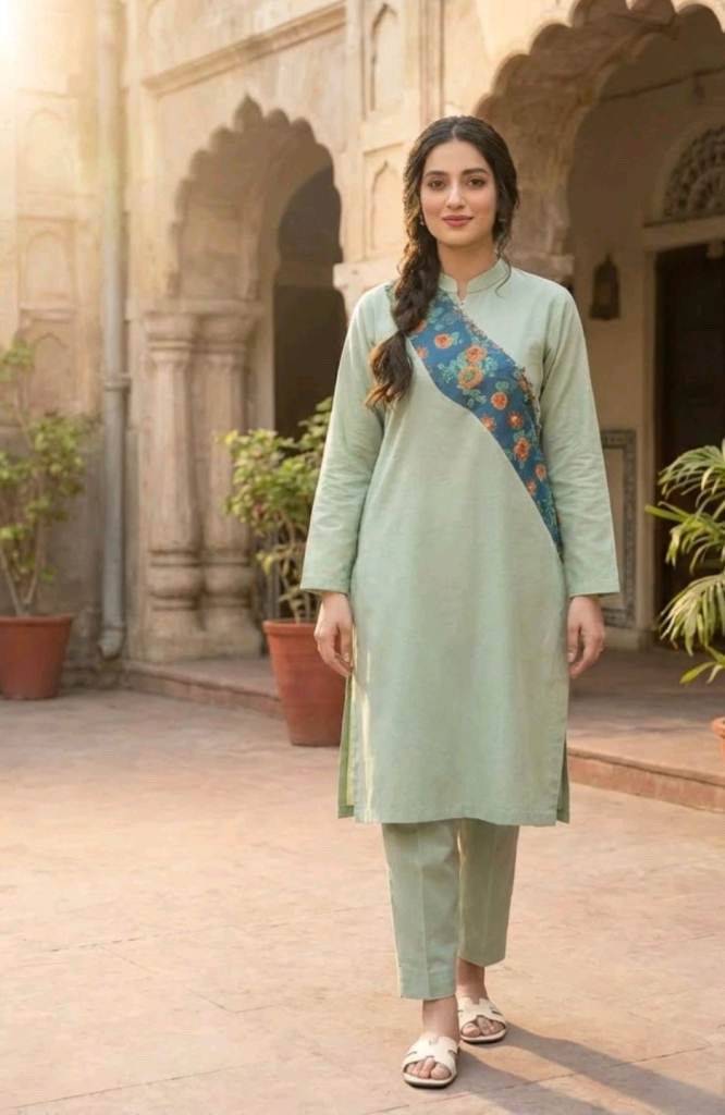ELEGANT MINT COLOURED ,STITCHED PAKISTANI KHADDAR SALWAR KAMEEZ  Sizes M & L