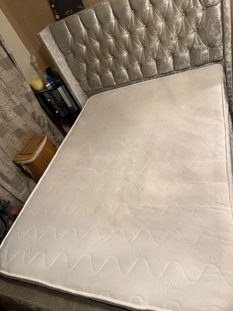Grey Crushed Velvet Double Bed frame and Mattress