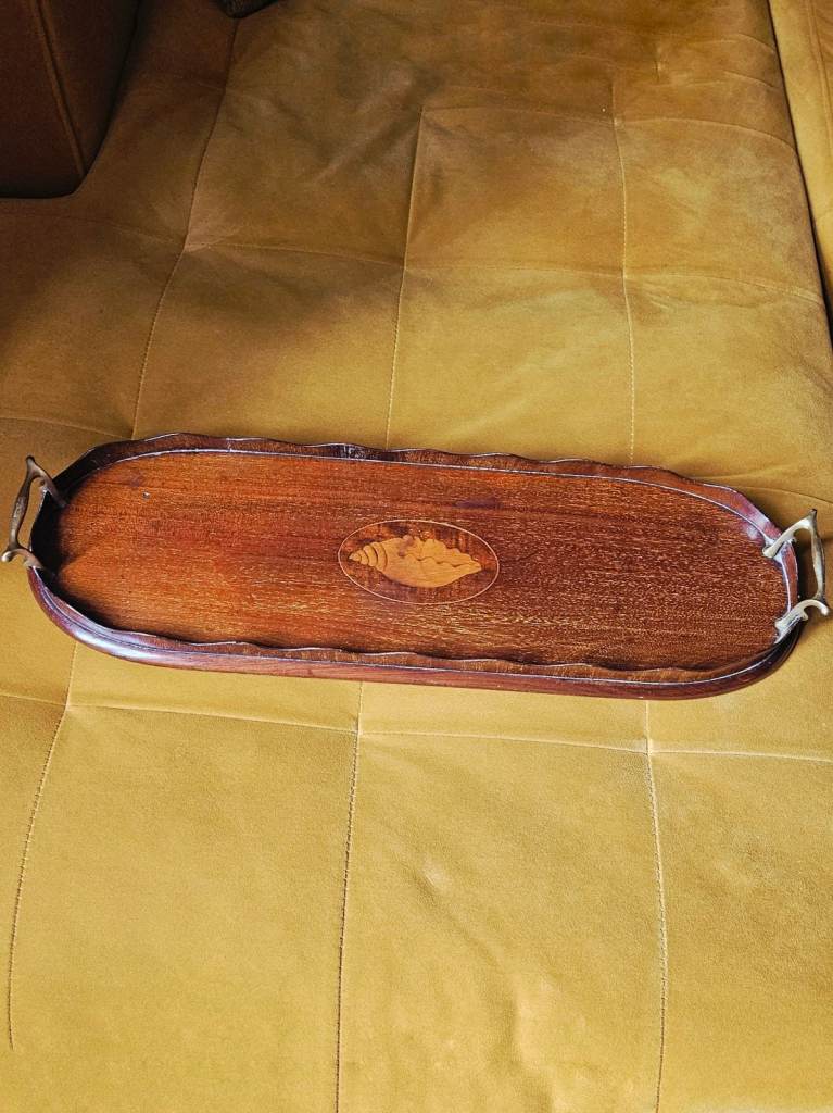Antique Edwardian Mahogany & Satinwood Serving Tray – Shell Inlay & Brass Handles