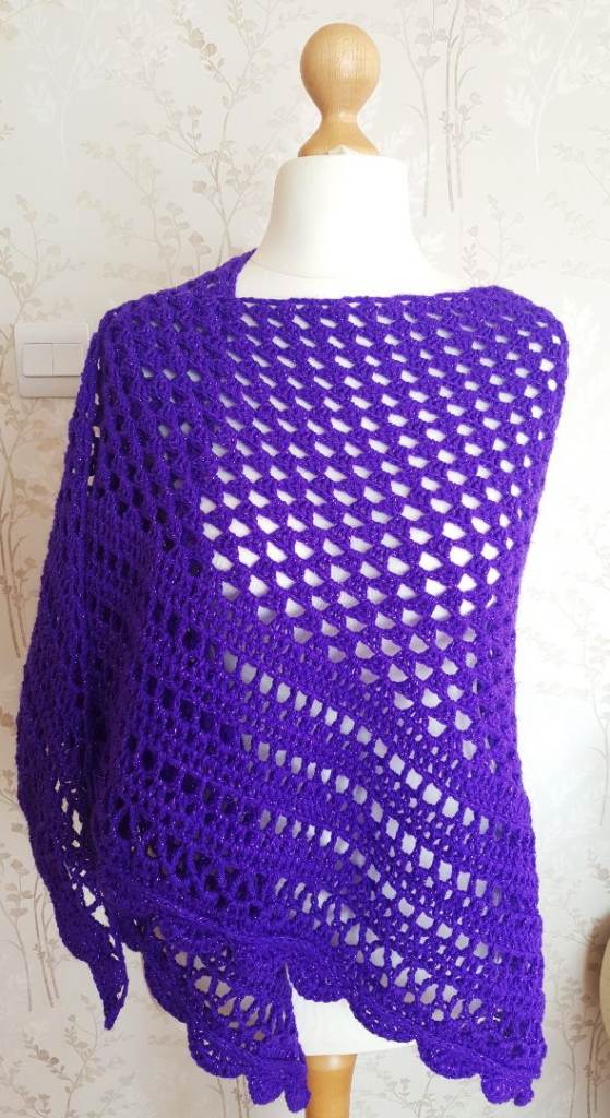 Granny Square Purple Shawl. Handmade Crochet Shoulder Wrap. Oversized Knitted Chunky Scarf