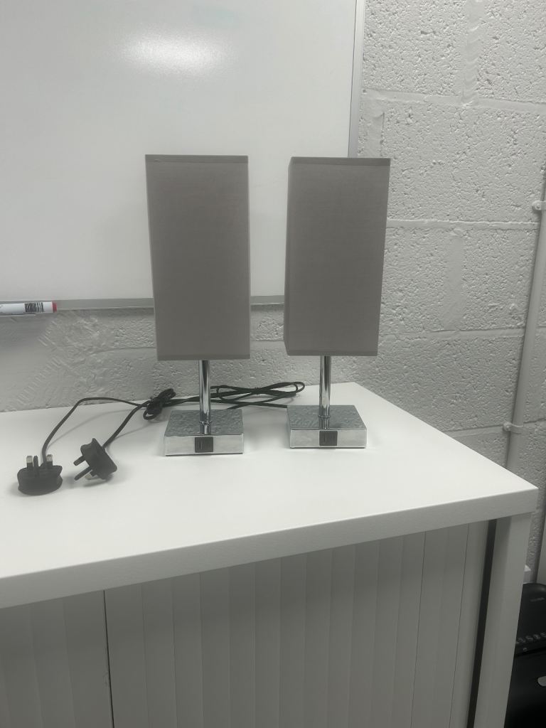2 x Chrome Touch Lamps with USB ports - grey shades