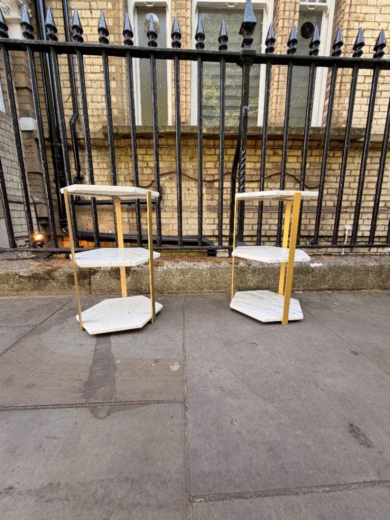 Pair of Solid Marble Side Tables / Bedside Tables – Modern Hexagonal Design