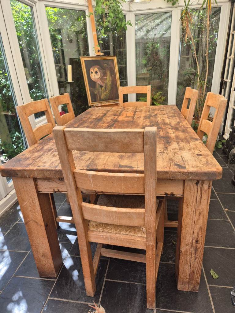 Reclaimed pine dining table and 6 oak chairs